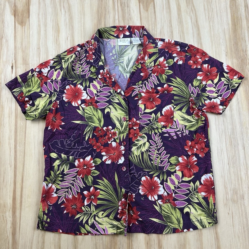 Erika Petite Womens MP Colorful Floral Hawaiian Crop Button Up Resort Shirt
